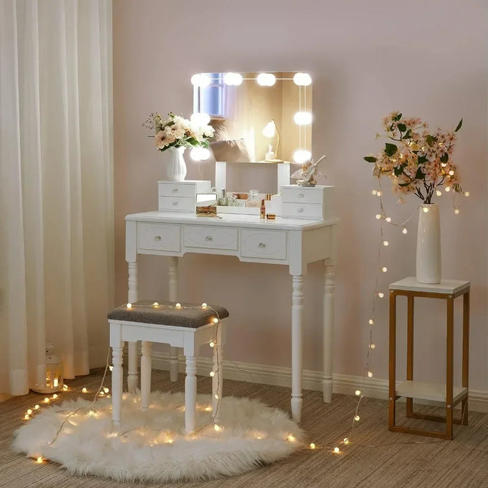 Makeup Dresser Dresser Set with Illuminated Mirror Makeup Dresser Table Set LED Bulbs Frameless Mirror Mode Dimming