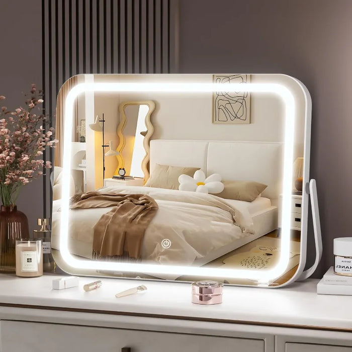 Vanity Mirror with Lights, 14" x 11" LED Makeup Mirror, 3 Modes Light,Smart Touch Control Dimmable, 360°Rotation, Modern White