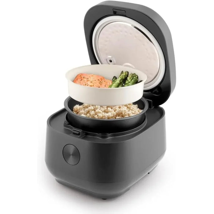 6 cups/3Qt rice cooker, including dual temperature sensors, insulated stainless steel cover, and automatic heating mode