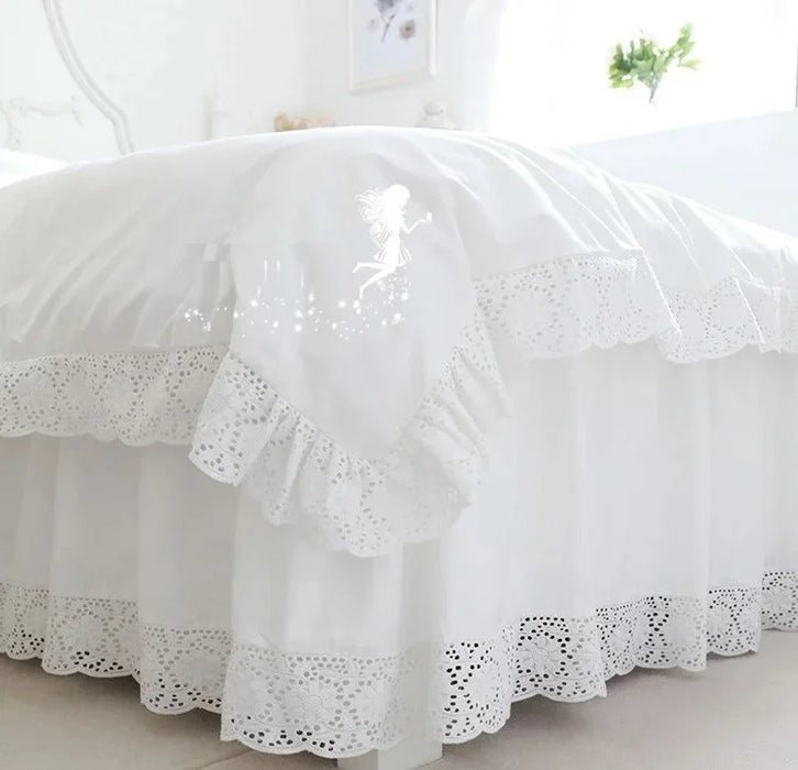 100% Cotton White Bedding Set Princess Sunflower Hollowed Out 4pcs Set Ruffles Bedding Kit US King Queen Size Pink Duvet Covers