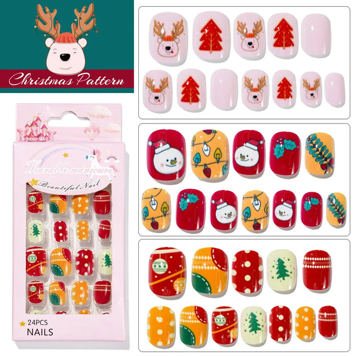 Private label Full Cover 24pcs False Nails Artificial Fingernails Christmas Short Press On Nails for Kids