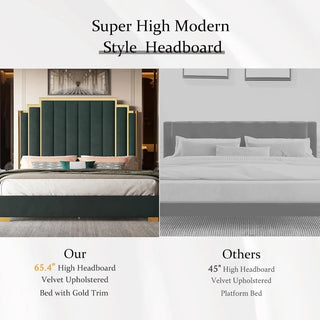 King Size Bed Frame, 65" Velvet Upholstered Bed Frame