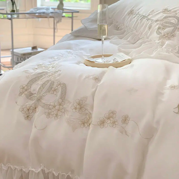 White Lace Embroidery Bedding Set Luxury Korean Princess Wedding 100% Cotton Duvet Cover Bed Sheet Pillowcases Home Textile