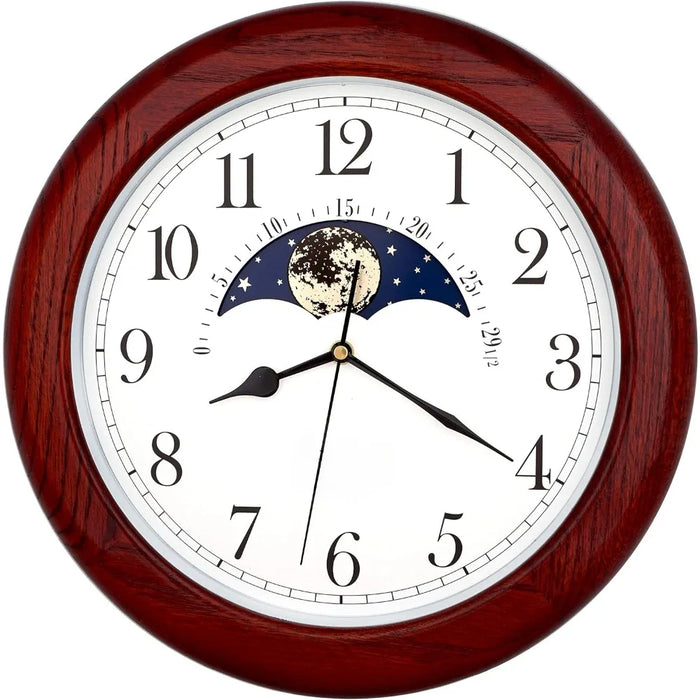 14 Inch Wall Clock, Solid Oak Wood Non-Ticking Sweep Mechanical Specialty Moon Phase Moving Dial Wall Clock, Home Decor