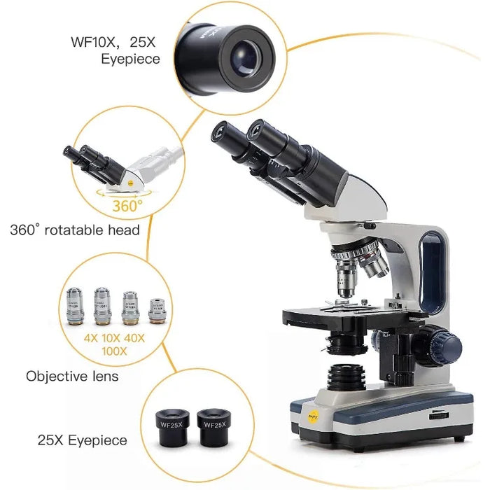 Binocular Compound Microscope SW350B, 40X-2500X Magnification,Siedentopf Head,Research-Grade,Two-Layer Mechanical Stage