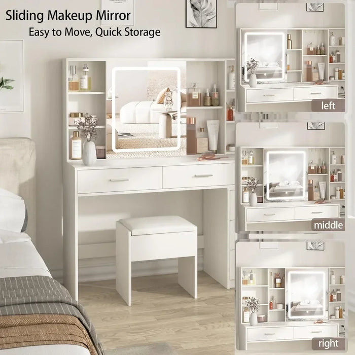 Dresser with Mirror and Lamp, White Dresser with Lighting, Make-up Dresser with Charging Station, Hidden and Open