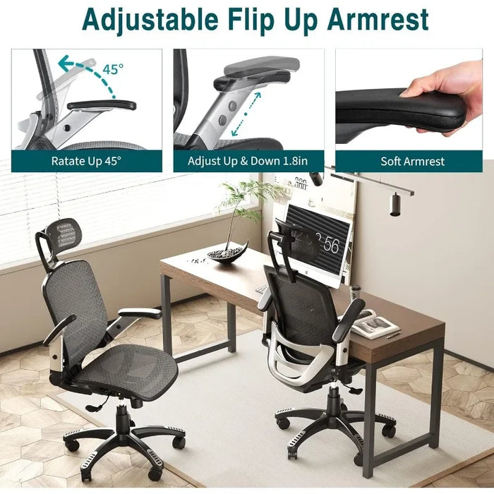 Ergonomic Mesh Office Chair, High Back Desk Chair - Adjustable Headrest with Flip-Up Arms, Tilt Function, Lumbar Support