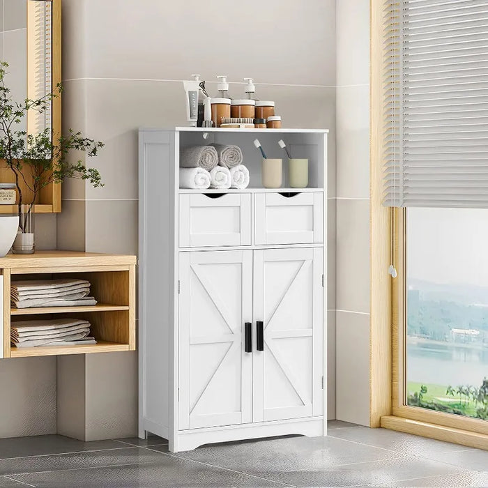 Floor Cabinet with 2 Doors & 2 Drawers, Storage Cabinet with Adjustable Shelf, Freestanding Wooden Storage Organizer