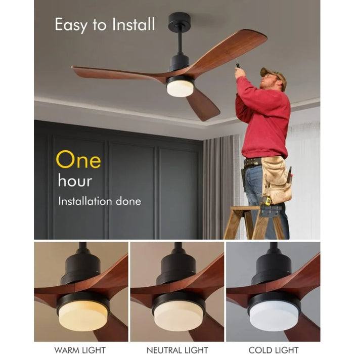 Modern ceiling fan with lights, 3 wooden fan blades,52 inch black with remote control, used for reversible DC motors in bedrooms