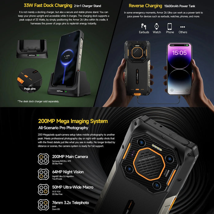 Ulefone Armor 26 Ultra 5G Rugged Smartphone Waterproof 6.78 inch 120W 15600mAh 200MP Camera 64MP Night Vision Android 13 NFC