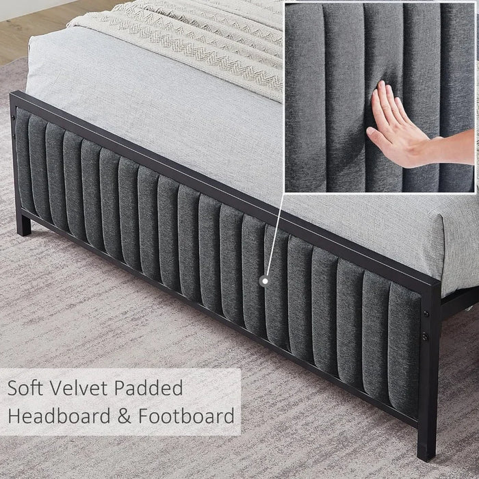 Queen Size Bed Frame, Upholstered Tufted Headboard and Footboard, Heavy Duty Steel Slatted Platform, No Box Spring Required