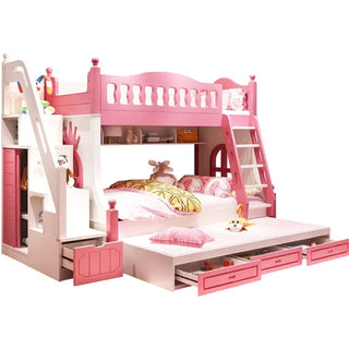 Children's bed, low double decker bed, princess bed, solid wood mother child bed, with guardrails on the upper and lower bunks