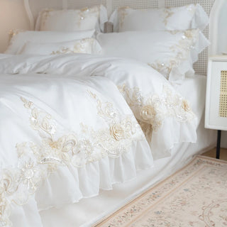 White Lace Embroidery Bedding Set Korean Style Princess Wedding Bedclothes Solid Color Duvet Cover Bed Sheet Pillowcases Cotton