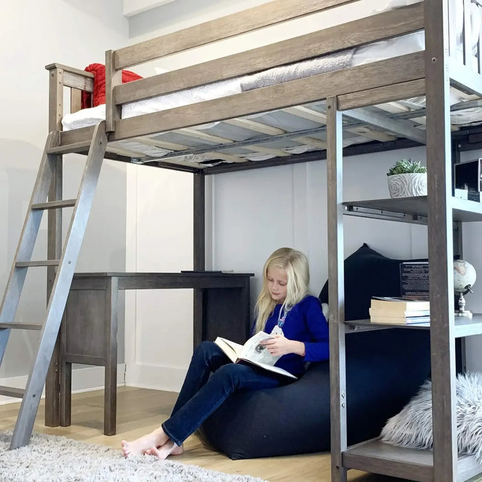 High Loft Bed, Twin Bed Frame for Kids With Bookcase and Desk, Clay