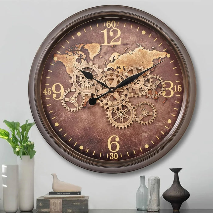 24 Inch Wall Clock with Moving Gears, Industrial Decor Clock, Oversized Silent Clock for Living Room, Oil Rubbed Bronze Brown