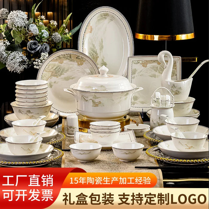 Jingdezhen dish set housewarming tableware set bowl and plate ceramic tableware set light luxury plate bowl