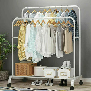 Heavy Duty Clothes Rack Garment Rail Rolling Stand Two Top Rod & Lower Storage
