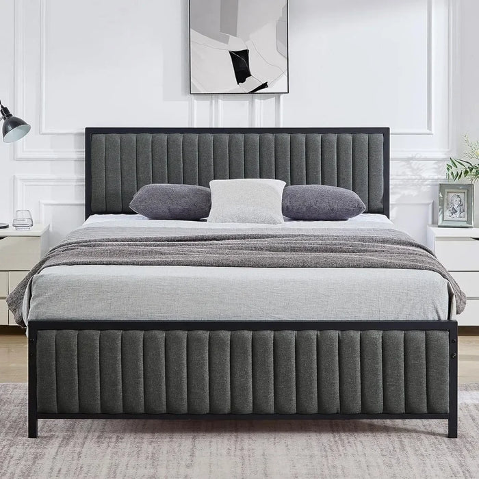 Queen Size Bed Frame, Upholstered Tufted Headboard and Footboard, Heavy Duty Steel Slatted Platform, No Box Spring Required