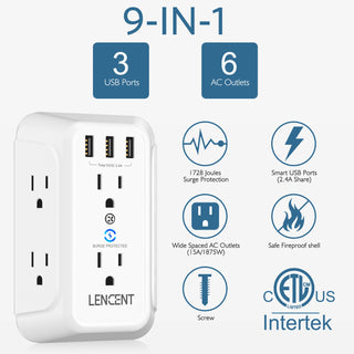LENCENT Multi Plug Outlet Extender with 6 Outlets 3 USB Wall Charger  3 Prong Plug Power Charging Box Expander for Home Office