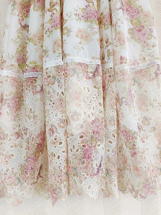 AELESEEN Autumn Winter Long Dress For Women Lantern Sleeve Turn-down Flower Print Hollow Out Pink Blue Beading Belt Elegant
