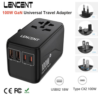LENCENT 100W GaN Universal Travel Adapter with with 2 QC4.0 USB-A+2 PD3.0 Type-C PPS Fast Charging EU/UK/USA/AUS plug for Travel