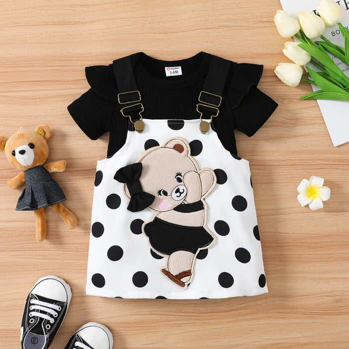 PatPat Baby Dresses 2pcs Baby Girl 95% Cotton Ruffle Trim Short-sleeve Romper and Bear Graphic Polka Dots Overall Dress Sets