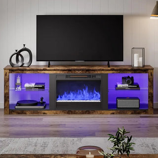 Electric Fireplace TV Stand for 75 inch TV, LED Entertainment Center with Glass Shelves for Living Room Morden 70 inch TV Cabine