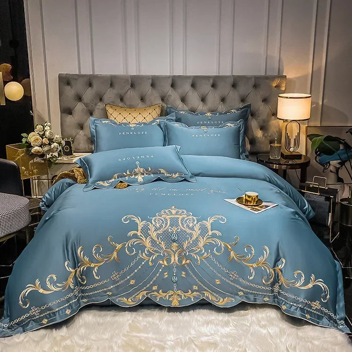 Real White Egyptian Cotton Bedding Set King Queen Size Chic Golden Embroidery Bedding Sets Super Soft Bed Duvet Sheet Set Stitch