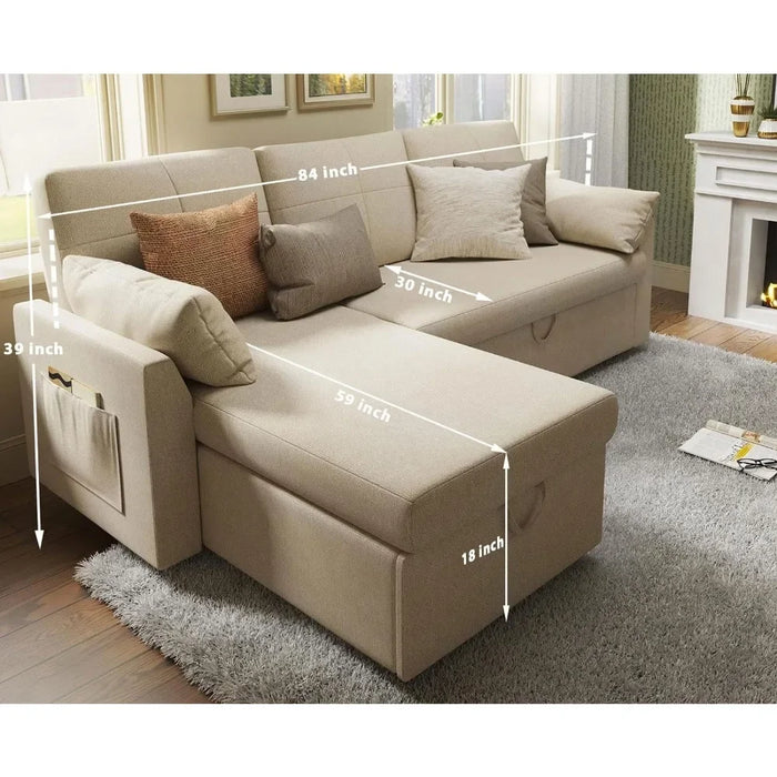 Sleeper Sofa,Sofa Bed- 2 in1Pull Out Couch Bed with Storage Chaise for Living Room, Beige Chenille Couch Sofa Cama Tatami  Couch