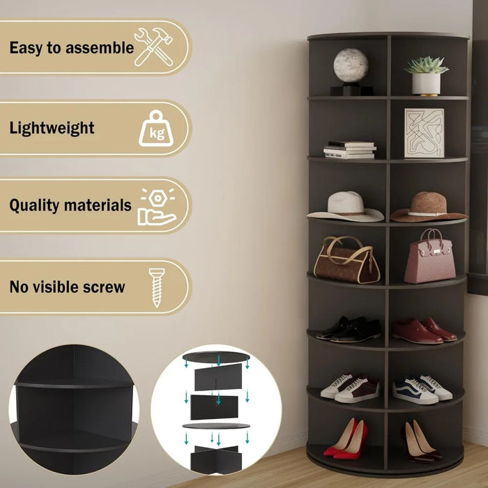 360° Rotating Shoe Rack Black, 7-tier Vertical Bookcase and shoe and Handbag, Lazy Susan Shoe Rack, organizer for closet