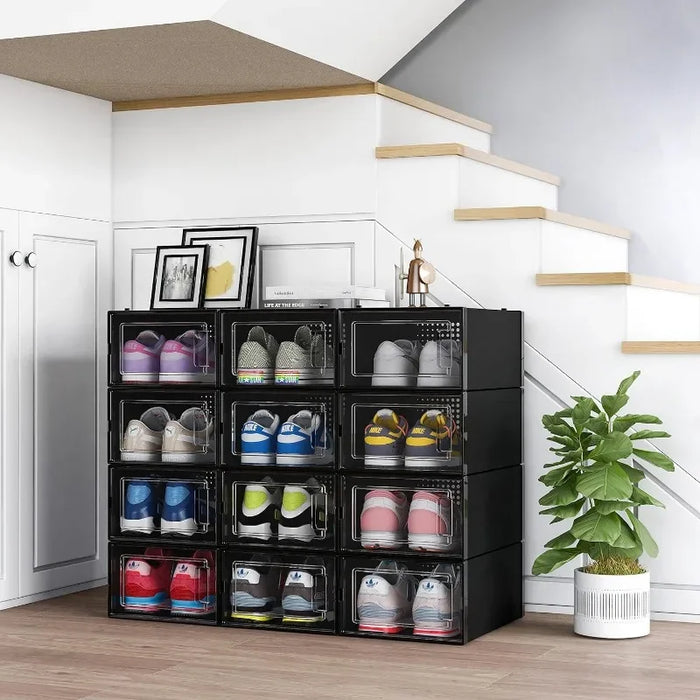 12 Pack Shoe Organizer Boxes Black Plastic Stackable Shoe Storage Bins For Closet, Space Saving Shoe Holder Sneaker Display Case