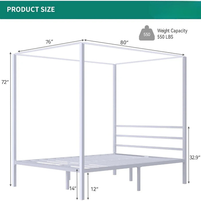 Bedroom Furniture Metal Four Post Canopy Bed Frame 14 Inch Platform, No Springs Required, White, King Size Bed