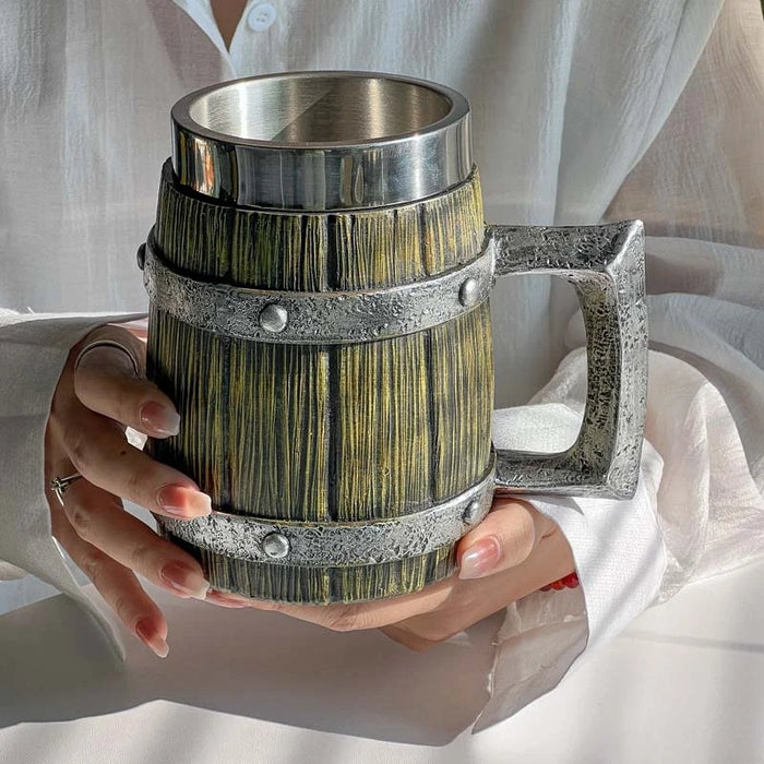 2023 Viking Wood Style Beer Mug 3D Resin Stainless Steel Coffee Cup Wine Glass Metal Double Wall Mug Beer Jug Cup Thermal