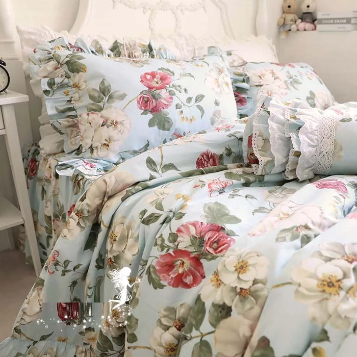 Korean 100% Cotton Floral Bedding Set Flounced Rural European Garden Cotton 4pcs Set Cake Layer Ruffles Duvet Cover King Queen