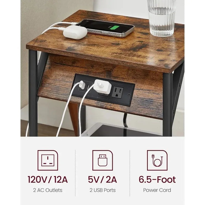 VASAGLE End Table with Charging Station, Set of 2,  Nightstand with Outlets and USB Ports, Bedside Table with Storage