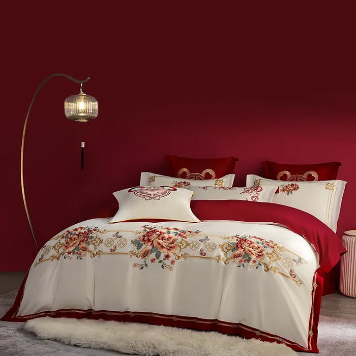 Luxury Double Happiness Blossom Embroidery Wedding Red Bedding Set 4/7Pc 1000TC Egyptian Cotton Duvet cover Bed sheet Pillowcase