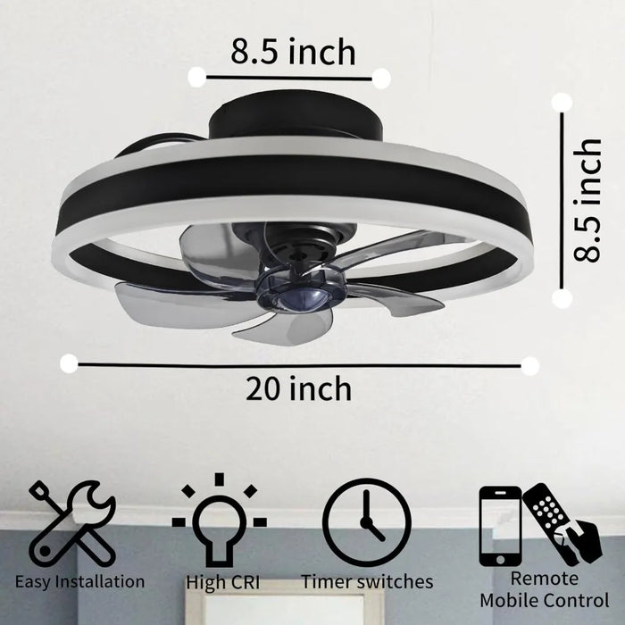 360 °oscillationlow profile ceiling fan with light remote control and APP Bluetooth control,20 inch silent bladeless ceiling fan