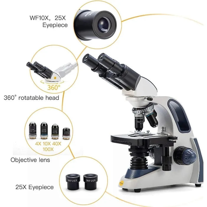 SW380B Binocular Compound Microscope with 1.3MP Camera and 5 Prepared Slides+5 Blank Slides, 40X-2500X,Mechanical Stage