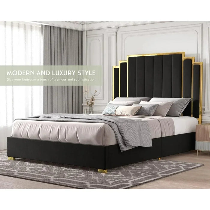 Queen Size Bed Frame and 61" Headboard, Upholstered with Golden Plating Trim, Platform Beds No Box Spring Needed, Bed Frame