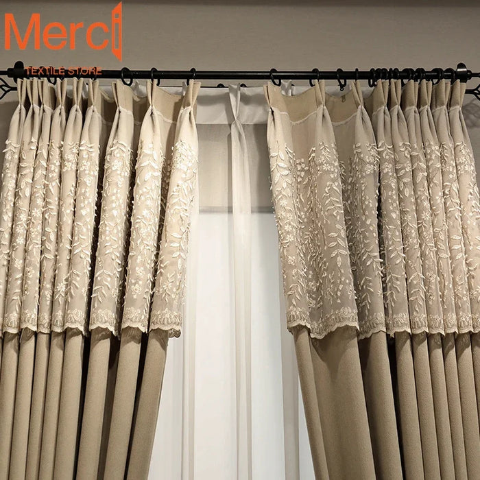 French Luxury Romantic Lace Curtain Milk Tea Color Blackout New Bay Window Curtains for Living Dining room Bedroom Tulle Custom