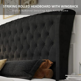 Bed Frame, Velvet Upholstered, Headboard and Headboard with Rolling Wing Back, No Springs Required, Easy To Assemble, Bed Frame
