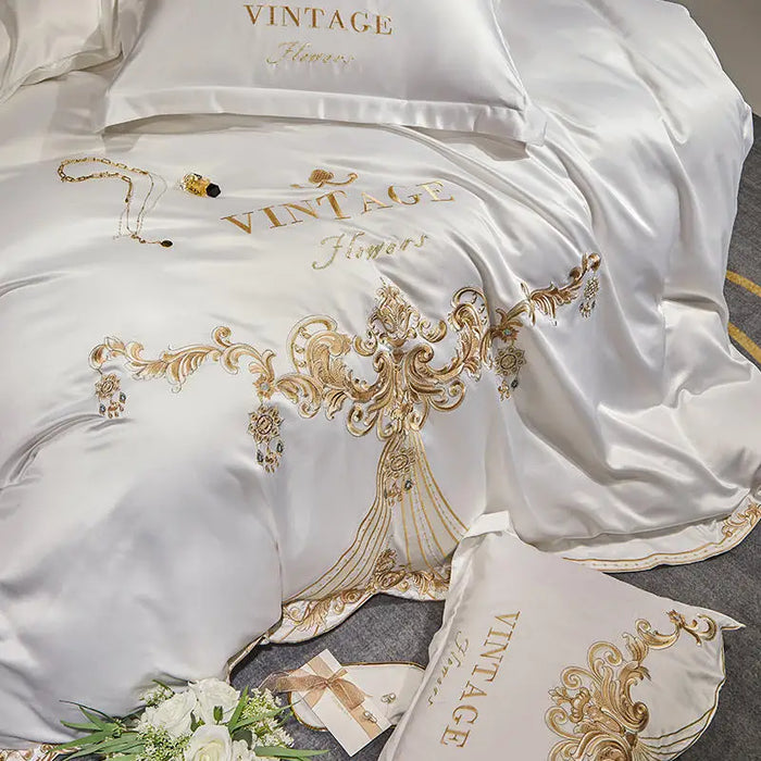 New White Satin Cotton Bedding Set Luxury Royal Gold Embroidery Duvet Cover Bed Sheet Pillowcases Solid Color Bedclothes