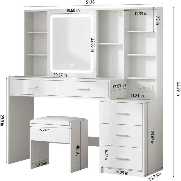 Dresser with Mirror and Lamp, White Dresser with Lighting, Make-up Dresser with Charging Station, Hidden and Open