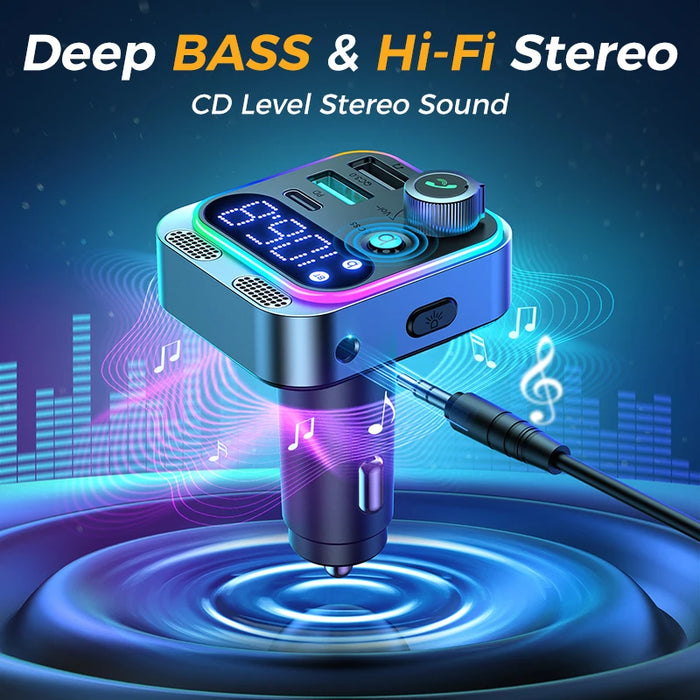 2023 Bluetooth 5.3 FM Transmitter for Car, [Stronger Dual Mics Deep Bass Sound] , 48W PD&QC3.0 Car Charger Bluetooth Adapter