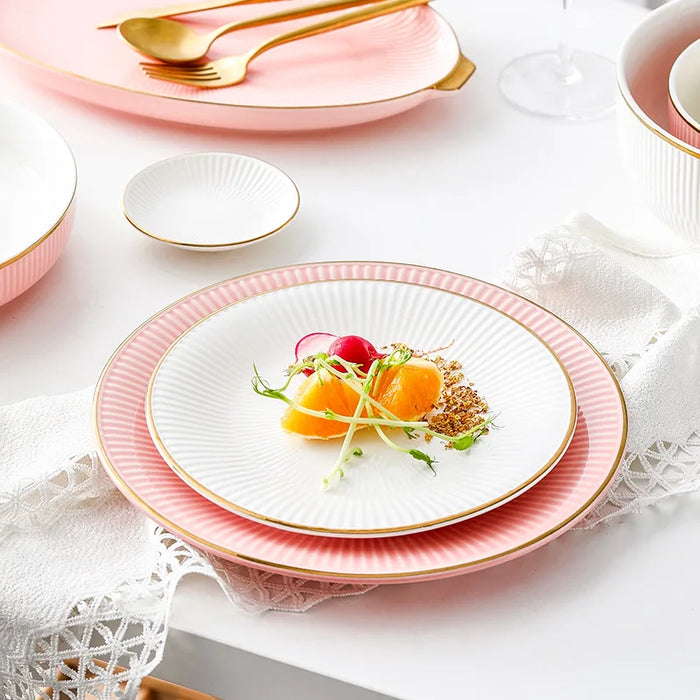 New Fashion Nordic Bone China Plates Set White Dinnerware Serving Kitchen Dessert Dish Golden Edge Tableware Porcelain Pink