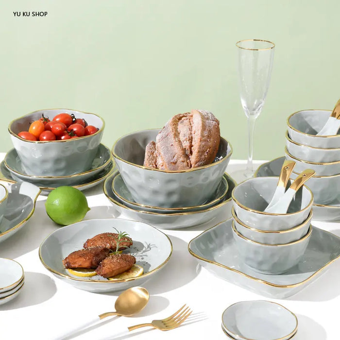 European Light Luxury Phnom Penh Tableware Set Ceramic Dinner Plate Bowl Dish Spoon Combination Kitchen Dining Table Drinkware