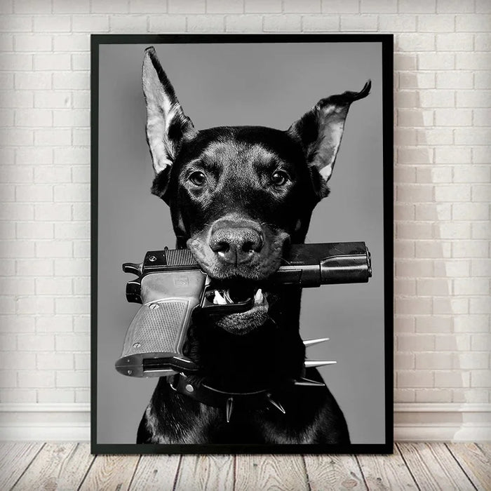 Doberman Dog Gun Canvas Painting Modern Black White Cuadros Fashion Poster Prints Wall Art Picture On Canvas Nordic Home Decor