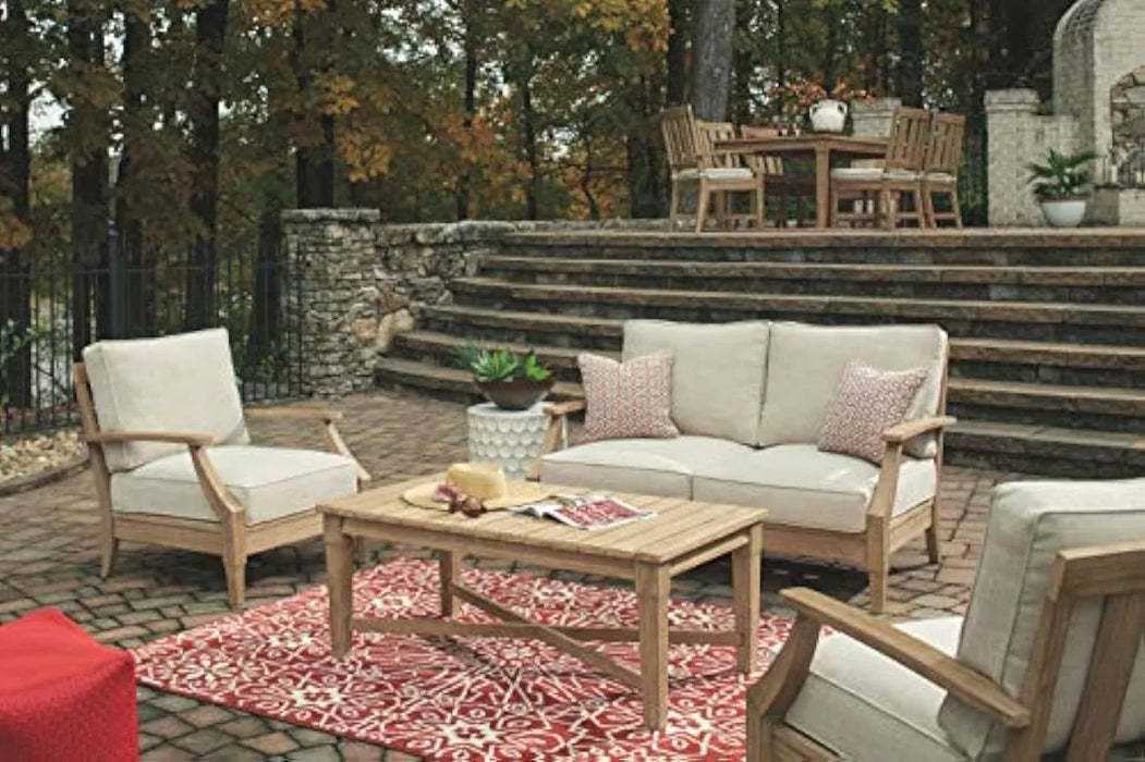 Clare View Coastal Outdoor Patio Eucalyptus Loveseat with Cushions, Beige