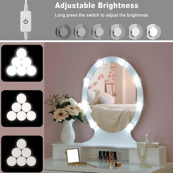 Makeup Dresser Dresser Set with Illuminated Mirror Makeup Dresser Table Set LED Bulbs Frameless Mirror Mode Dimming