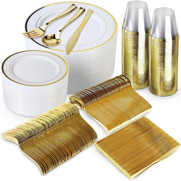 600 Piece Gold Disposable Dinnerware Set, 200 White and Gold Plate 300 Gold Silverware 100 Plastic Cups for Party